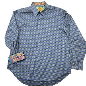 Robert Graham Men's 2XL Flip Cuff Blue Green Striped Geometric Dress Shirt